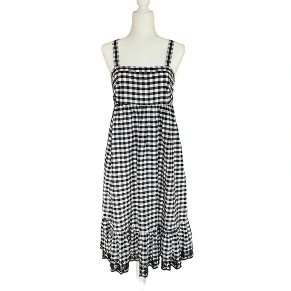 J. Crew Gingham Eyelet Embroidered Cotton Midi Dress Black White 4 Classic Chic - Picture 1 of 8